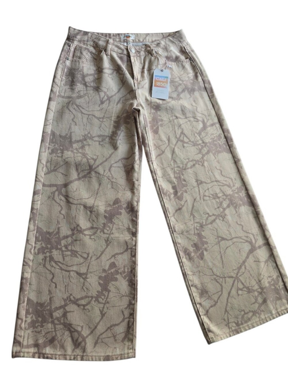 Cali 1850 Wide-Leg Printed Denim Jeans Neutral Abstract Tree Branch Camo Pattern - Picture 3 of 11